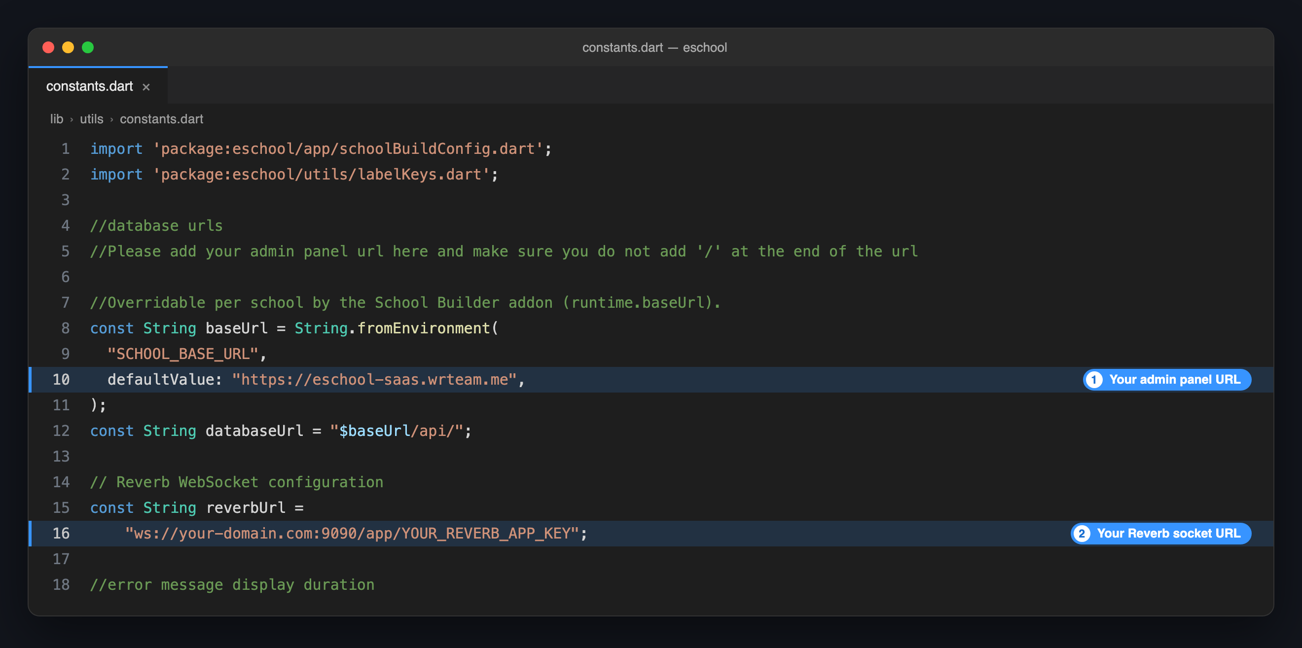 constants.dart: the admin panel URL and the Reverb socket URL